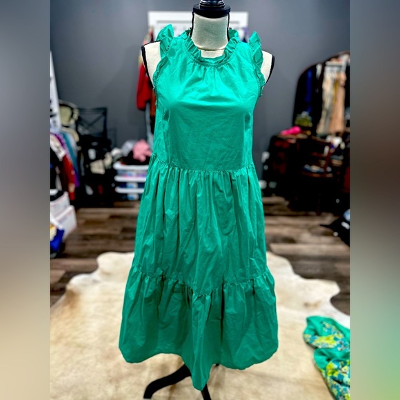 J. Crew Tiered Ruffle Sleeve Cotton Poplin Midi Dress Green XS 0 - Picture 1 of 5
